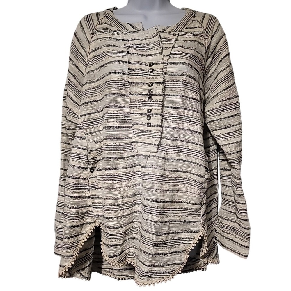 Free People Striped Metallic Pom Pom Trim Henley Tunic Top Cream Black Small